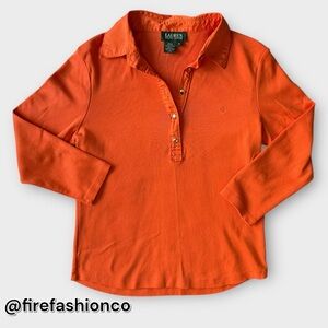 Lauren Ralph Lauren Orange Cotton Knit Button Shirt Medium Preppy Classic